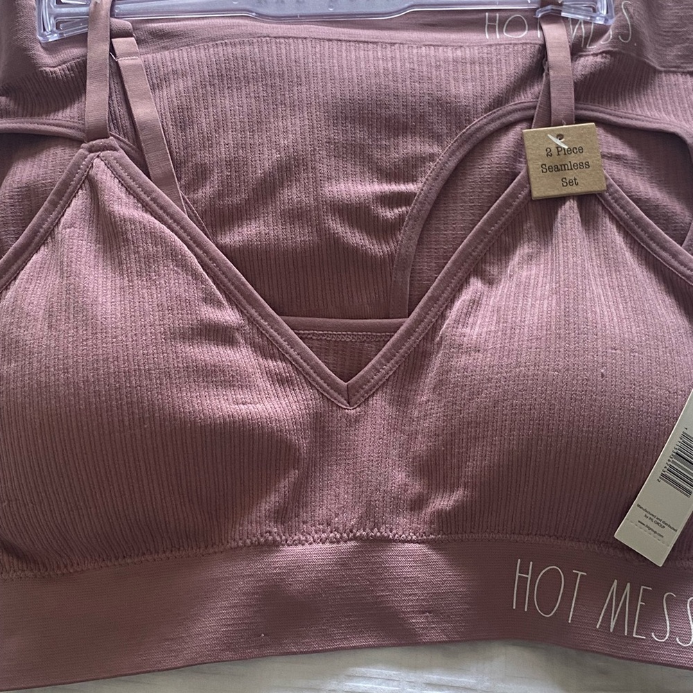 Rae Dunn Seamless Ribbed Bralette & Brief Set - Mauve Pink